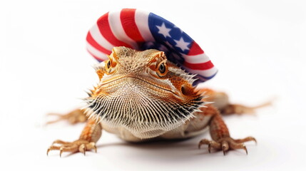 Obraz premium Bearded dragon dressed in festive Independence Day ,Christmas costumes, perfect for holiday cards, calendars, seasonal décor, pet portrait isolated on white background featuring ample space for text