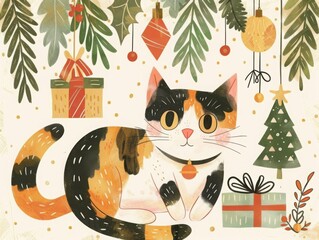 A cat presenting a gift, set in a Christmas scene with festive decorations, styled for a children's book with warm, cozy hues.