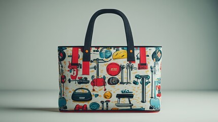 Colorful tote bag featuring various tools and equipment illustrations.