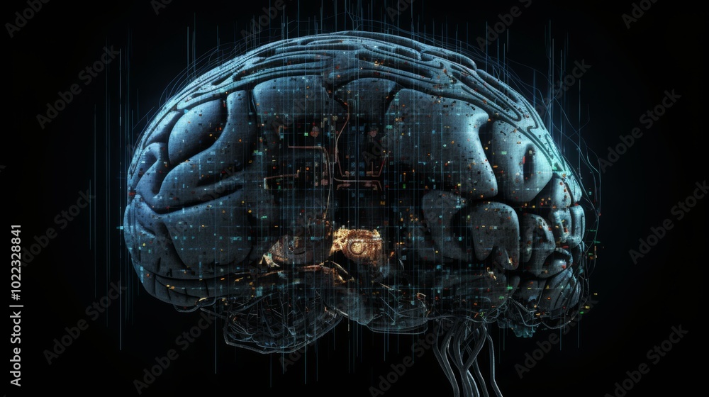 Poster a brain with wires and circuits surrounding it