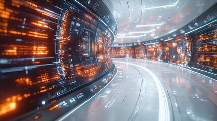 Futuristic corridor with glowing panels and sleek surfaces.