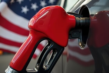 Close-up of fuel gas pump nozzle with an American flag background, representing energy consumption, fuel economy, and the connection to national energy policy in the United States.