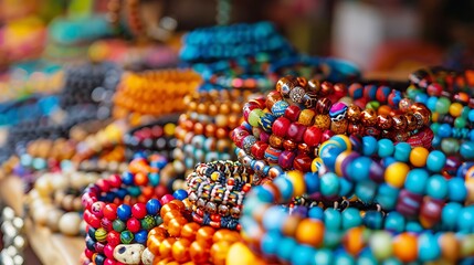Colorful vibrant bracelets displayed at a bustling market scene featuring a variety of designs and materials that attract shoppers in a lively and energetic environment