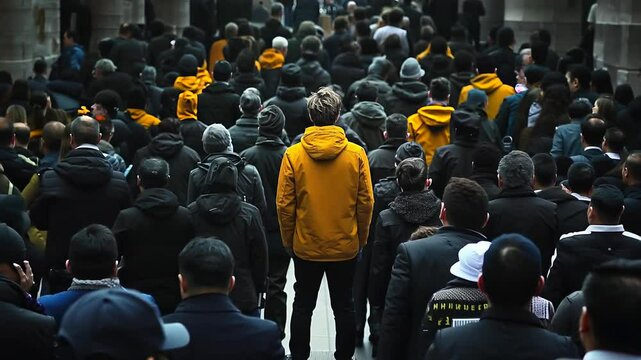 Man in Yellow Jacket Standing in Crowd Looks Forward in Urban Setting