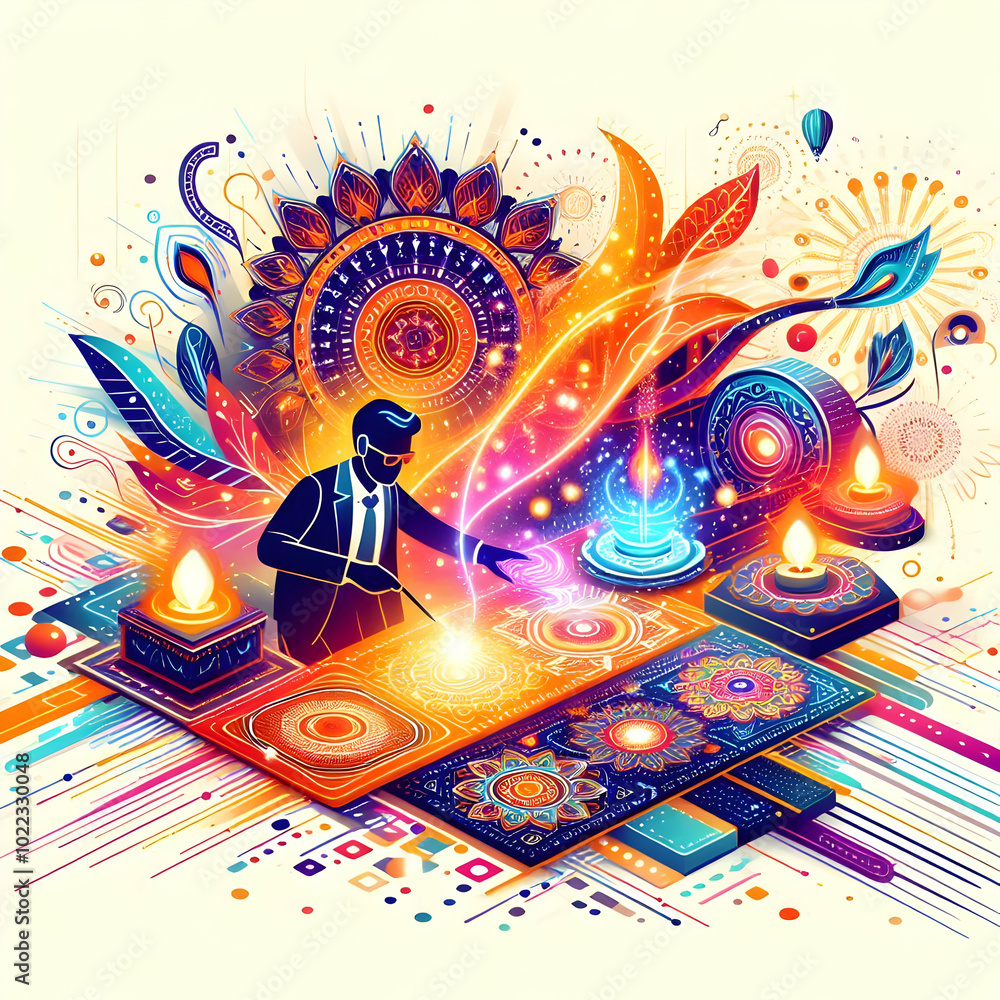 Poster dynamic flat glowing abstract festival scene - vibrant digital art with sparklers and rangoli patter