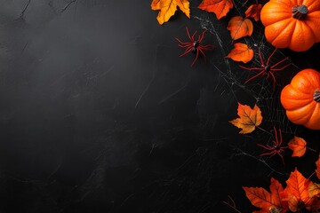 A festive Halloween flat lay featuring pumpkins, autumn leaves, and spider decorations on a dark background