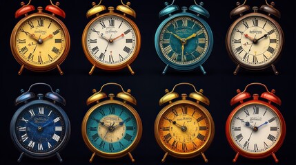 A collection of vintage alarm clocks in various colors and styles.