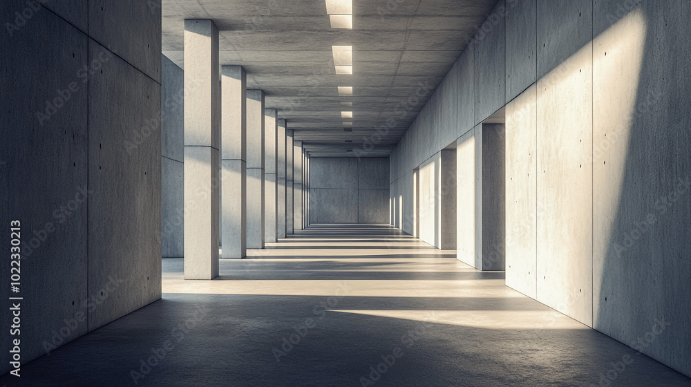 Poster modern minimalist concrete corridor with geometric patterns, showcasing modern architecture. soft li