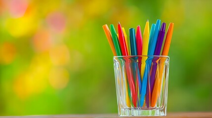 A photograph of a transparent glass holding a colorful pen set against a bright playful and modern background evoking a creative and inspiring atmosphere for work study or expression
