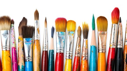 Fototapeta premium Meticulously Arranged Assortment of Tools Including Paintbrushes Colored Pencils and Markers on Clean White Studio Background
