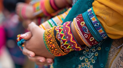 Handmade festive wristlets worn by participants in a cultural celebration showcasing the intricate patterns and vibrant colors against a backdrop of celebratory activities