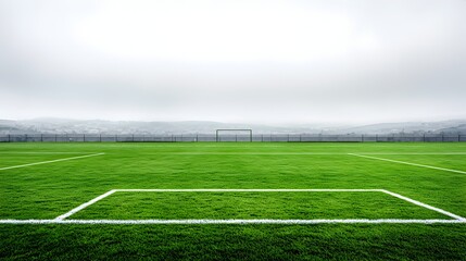 Perfectly Manicured Green Football Pitch with White Lines and Goalposts Isolated on Bright Sky Background  The Image Depicts a Well Maintained Sports Field Ready for a Game of Football or Soccer