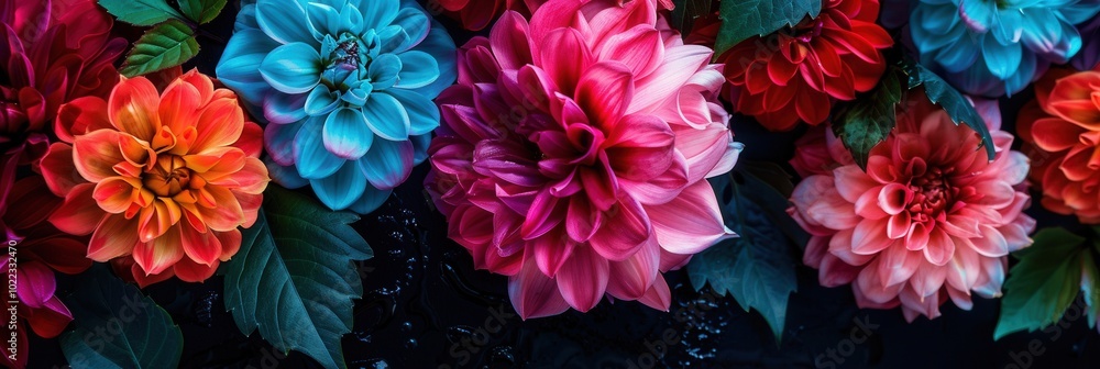 Poster brightly colored flowers in various shapes and sizes create a stunning display, set against a contra