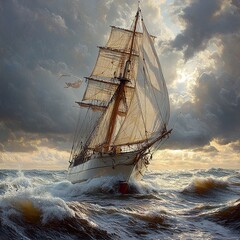 Obraz premium Sailing Ship on a Stormy Sea at Sunset