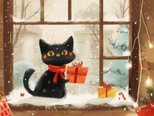 A cat presenting a gift, set in a Christmas scene with festive decorations, styled for a children's book with warm, cozy hues.