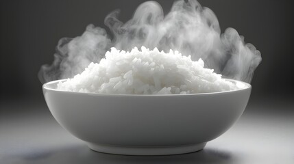 Steaming hot and fluffy white rice grains in a simple clean white ceramic bowl isolated on a minimalist uncluttered background  This appetizing traditional Asian dish captures the essence of a hearty