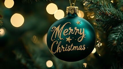 "Merry Christmas" in elegant cursive on a forest green background, framed by soft gold accents and ample copy space.
