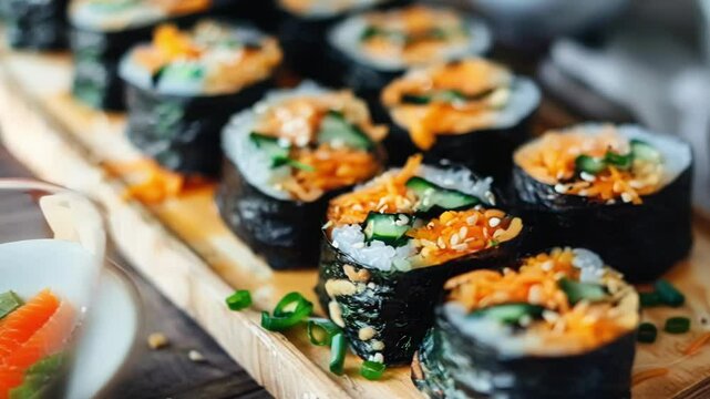 Delicious vegan kimbap with rice, carrot, cucumber, and sesame seeds on a rustic platter, perfect for a satisfying meal or snack