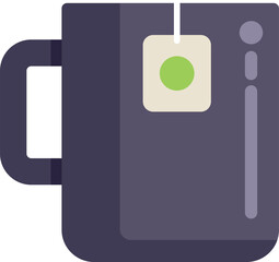 Simple flat vector illustration of a mug containing a hot drink with a teabag hanging over the side