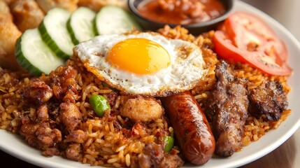 A image of a plate of American fried rice featuring a savory and delicious combination of sausage fried chicken and a sunny side up egg