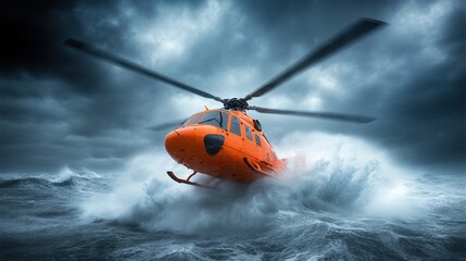 Fototapeta premium Rescue helicopter flying over turbulent sea during storm, dramatic sky.