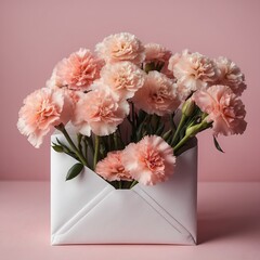 Pink Carnations in a White Envelope on a Pink Background