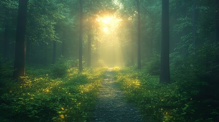 Obraz premium Enchanted Forest Path with Golden Sunlight