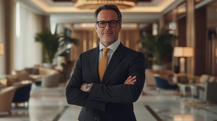 Fototapeta premium Confident man in suit stands in a lobby.