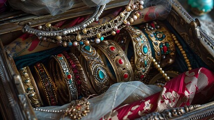 Obraz premium Traditional ornate bangles elegantly arranged in an antique jewelry box surrounded by luxurious fabrics and period decorations that highlight their historical significance
