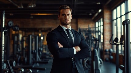 Fototapeta premium Man in suit standing in a gym.