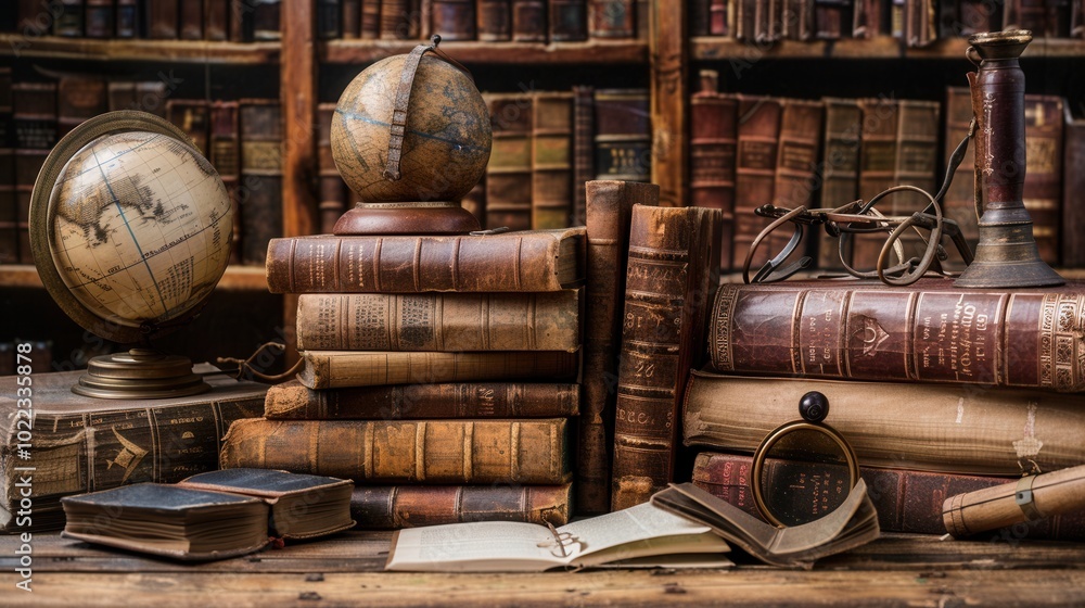 Poster a collection of ancient books and scrolls is displayed prominently alongside globes and magnifying g