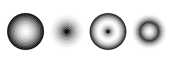 Halftone concentric circle set. Comic grunge texture ring shape collection. Dotted round geometric collection. Radial pop art design elements. Epicenter, target, radar concept. Vector