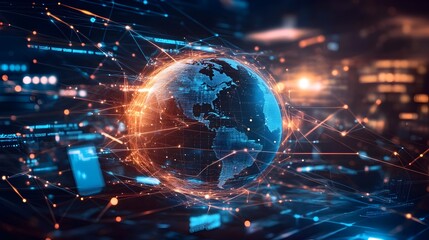 Fototapeta premium A glowing digital globe with interconnected lines depicting global business networks and data flows surrounded by devices like laptops and smartphones on a tech inspired abstract background