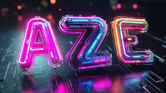 Neon letters "AZE" on a dark surface.