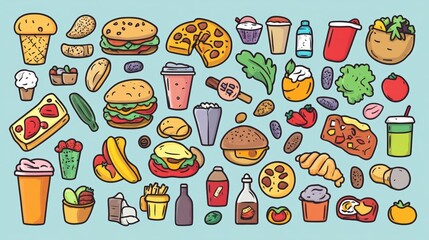 A variety of cartoon food items.