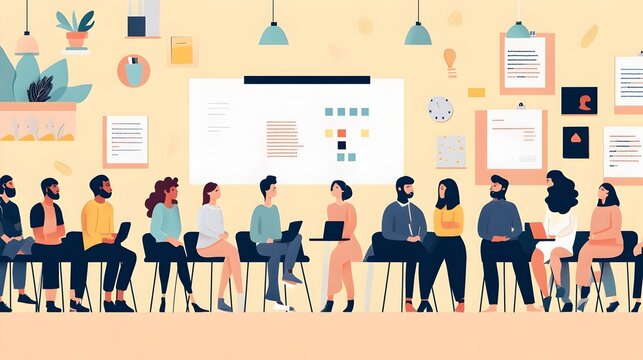 Diverse classroom or seminar setting with people of different ages ethnicities and backgrounds engaged in an open discussion representing inclusive education and collaborative learning