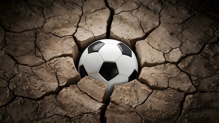 Conceptual Soccer Ball Hiding in Cracked Earth Texture