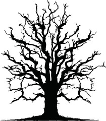 Old dry, bare tree. Black silhouette. Sketch hand drawn. Isolated on white background. Vector illustration