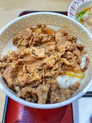 Korean ground beef and rice bowl. Close up view
