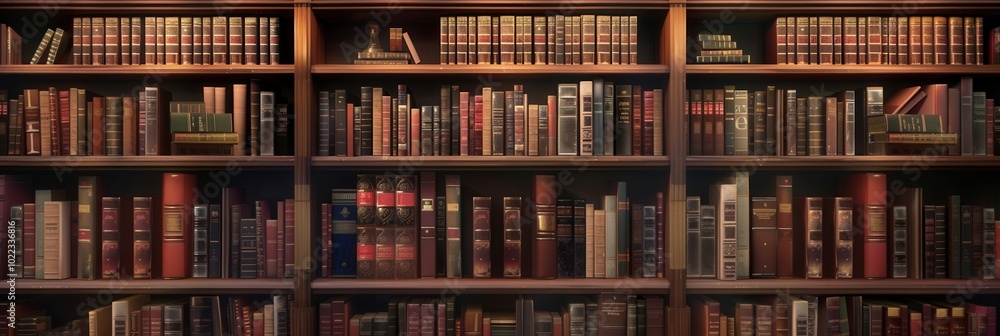 Poster well-organized wooden shelves display a vast array of textbooks and scholarly works, creating an inv