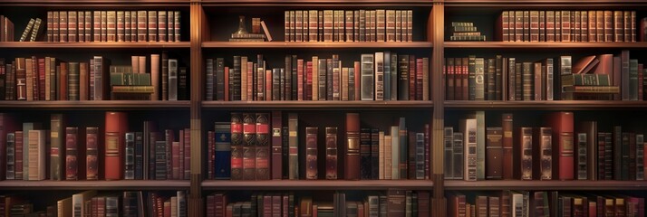 Well-organized wooden shelves display a vast array of textbooks and scholarly works, creating an inviting atmosphere for studying. Generative AI