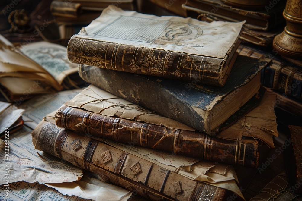Poster A collection of aged books and scrolls rests on a table, showcasing intricate bindings and historical significance in a dimly lit library. Generative AI