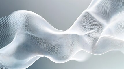 Minimalist abstract background with thin white flowing lines creating a wave pattern over a subtle gradient of light gray and white forming a clean and futuristic digital artwork design