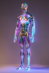 Ethereal Humanoid Figure Standing Tall with Sleek Body, Iridescent Skin, and Abstract Wings, Rendered in Ultra-Realistic 8K Resolution.