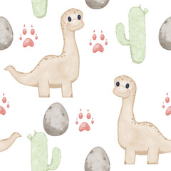 Seamless pattern with dinosaurs with long necks, paw prints, cacti and eggs, children's color watercolor illustration for printing and web