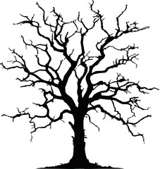 Old dry, bare tree. Black silhouette. Sketch hand drawn. Isolated on white background. Vector illustration