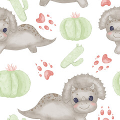 Seamless pattern with dinosaurs, paw prints, cacti, children's color watercolor illustration for printing and web