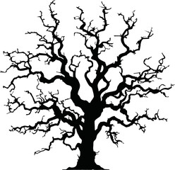 Old dry, bare tree. Black silhouette. Sketch hand drawn. Isolated on white background. Vector illustration