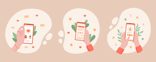Set of hands holding smartphones displaying various apps for media, chat, and payment services. Digital phone cartoon design highlighting online interaction and communication. Ideal for modern graphic