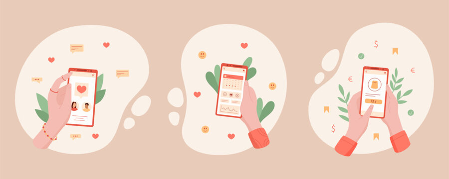 Set of hands holding smartphones displaying various apps for media, chat, and payment services. Digital phone cartoon design highlighting online interaction and communication. Ideal for modern graphic